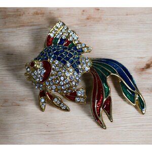 Vintage Colorful Fish‎ Pin Brooch Gold Angel Green Red Faux Crystals Chantelle